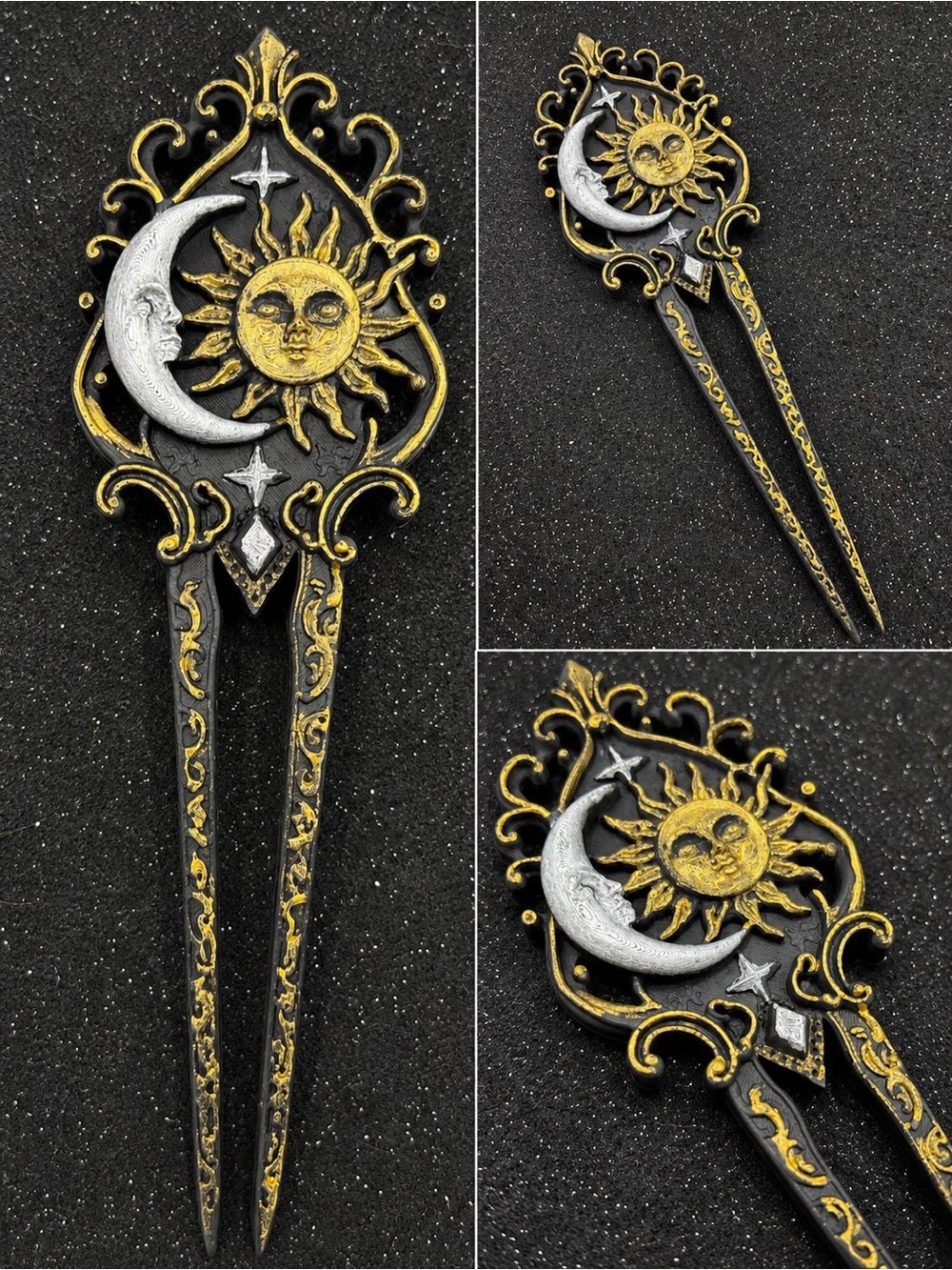 Sun & Moon Ornate Hair Fork - Gold & Silver Accent